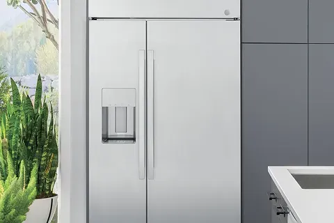 GE Profile PSB48YSNSS Smart Built-In Side-By-Side Refrigerator in kitchen display